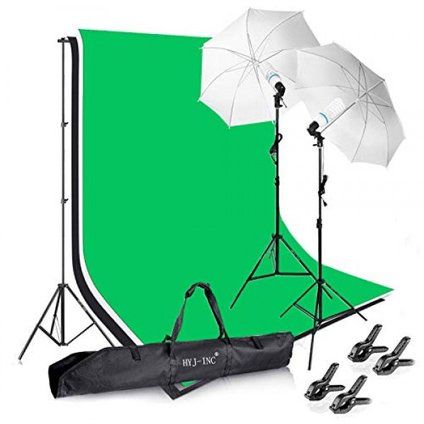 Photography Photo Video Studio Background Stand Support Kit with Muslin Backdrop Kits (White/Black/Green),1050W 5500K Daylight Umbrella Lighting Kit(10x6.5ft/3x2M) with Carry Bag